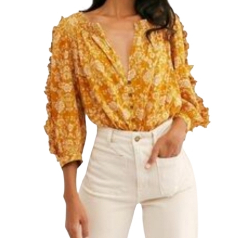 Free People Sweet Escape Ruffle Floral Button Front Blouse-NWT